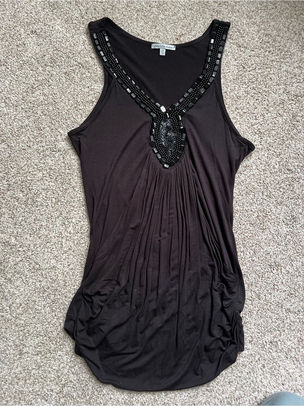 Charlotte Russe Black Beaded V-Neck Tank Top